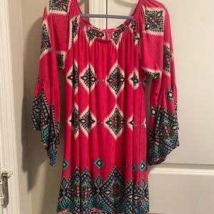 Boutique Bohemian Pink and Blue Patterned Blouse Top Stretch 2X